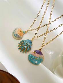 1件海洋风不对称蓝色贝壳和椭圆形珍珠镶嵌不锈钢鱼尾18K镀金项链，防水时尚百搭，女士适用 - 海洋項鍊 - 查看 7