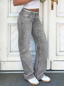 MYOURSA 女士低腰水钻直筒牛仔裤，休闲Y2K街头风，复古水洗牛仔裤，春季款 - 淺灰色 - 查看 5