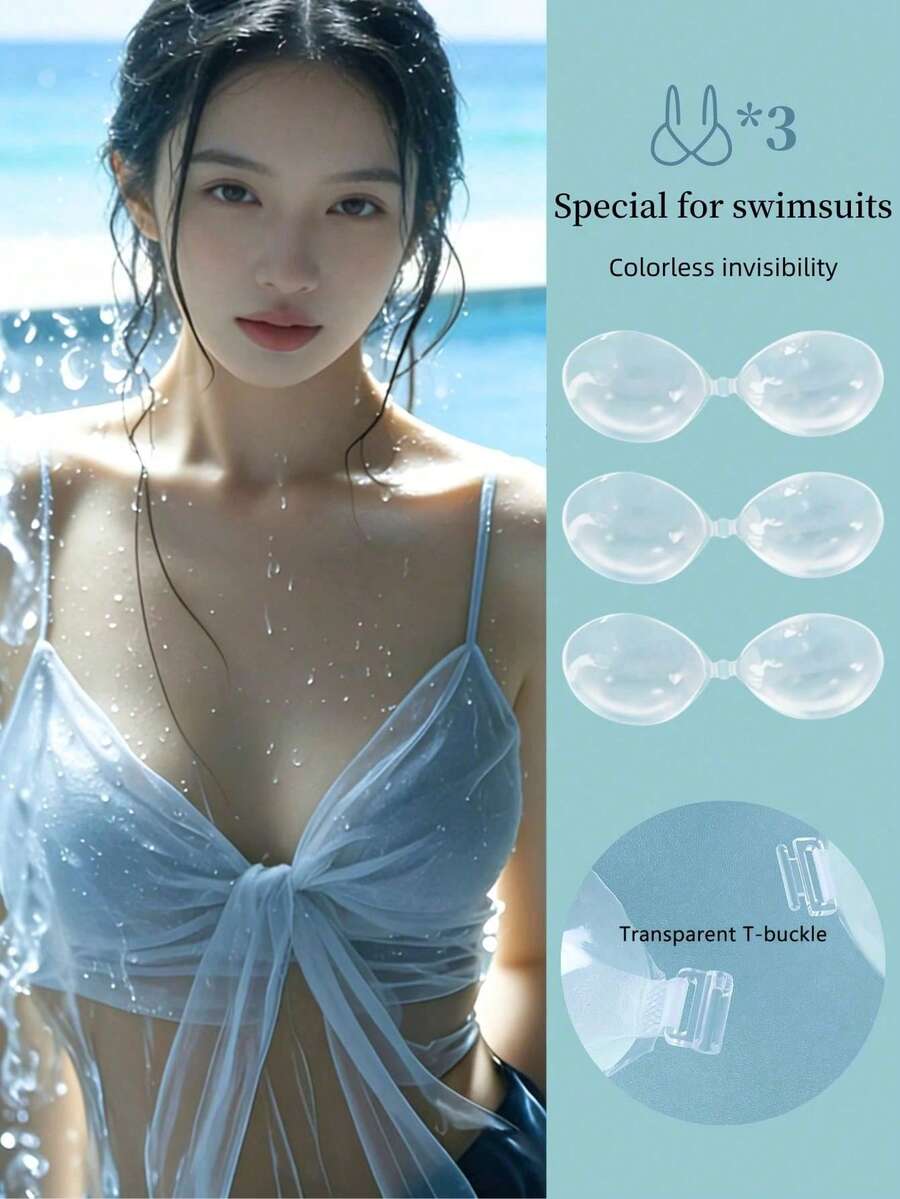 1/2/3pcs Invisible Adhesive Bra Cups, Silicone Nipple Cover Stickers, Backless Bra Lift Tape For Wedding Dress - Clear - View 1
