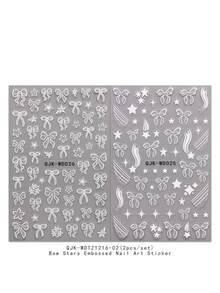 2片闪亮银色蝴蝶结和流星5D 3D美甲贴纸 - 简约优雅3D闪光美甲贴 - 自粘美甲装饰，适合日常/婚礼/派对/音乐节/春夏DIY美甲 - 彩色 - 查看 8