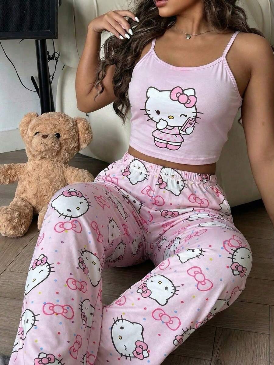SANRIO 两件套女士可爱印花睡衣套装,吊带背心和短裤,舒适家居服,适合春、夏、秋季穿着。 - 粉色 - 查看 1