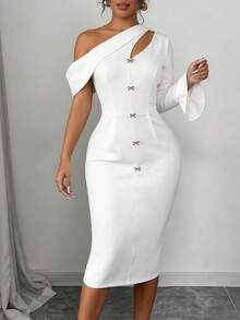 AOMEI Elegant White Hollow-Out Midi Dress With Ruffle Sleeves, Suitable For Parties, Galas, Weddings And Other Special Occasions - White - View 6