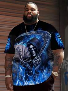 Plus Size Men's 3D Blue Flame Skull Print T-Shirt - Black Casual Round Neck, Geometric Pattern, Slightly Stretchy Knit Fabric, Summer Tee, Suitable For Adults And Teenagers, Casual Summer Wear | Skull Pattern Tee | Stretchy Knit Fabric, PLUS SIZE - Multicolor - View 3