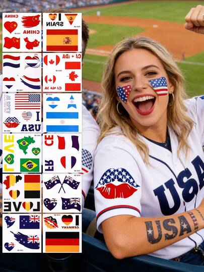 1 Sheets Multi-Country National Flag Temporary Tattoos, Waterproof Long Lasting Face Stickers, Heart&Lip Print Flag Designs, For World Cup, Sports Events, Football Matches, Party & Daily Wear, Fan Body Art For Men, Women & Teens