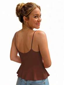 Women's Summer Flared Hem Camisole Sleeveless Open Back Solid Color Cami Tank Tops - Dark Brown - View 4