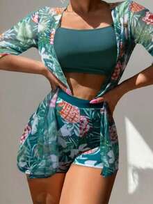 Women's 3-Piece Bikini Set With Tie-Dye Print. - 墨綠色 - 查看 3