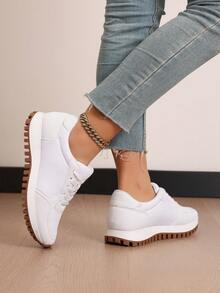 Women's Retro Lace Up Platform Sneakers, Color Block Low Top Casual Walking Shoes, Padded Insole Anti-Slip Waffle Outsole, Multi Color Options, Comfortable Footwear For Daily Commute Shopping Travel Weekend Outings - 白色 - 查看 3