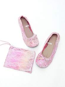 淡玫瑰色蕾丝芭蕾舞鞋，适合婚礼、室内穿着，轻便如赤足般舒适，蝴蝶结装饰，可折叠，方便携带，一脚蹬设计，柔软舒适，适合居家、派对、休闲场合。 - 玫紅色 - 查看 5