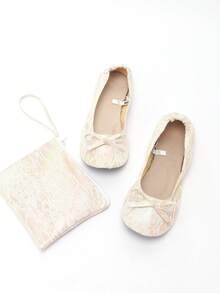 Giày búp bê ren vàng cho đám cưới, trong nhà, nhẹ, tạo cảm giác như đi chân trần, có nơ trang trí, có thể gấp gọn, dễ mang theo, mềm mại, thoải mái, thích hợp cho nữ, ở nhà, dự tiệc, dạo chơi. - vàng nhạt - Xem 6