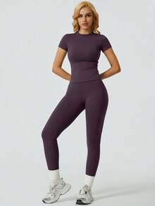 Women's Seamless Short Sleeved Long Pants Stretchable Waist Abdomen Control High Waist Training Fitness Equipment Collar Set Fitness Yoga Fitness Purple Buttock Lifting Outfit - 紫色 - 查看 2