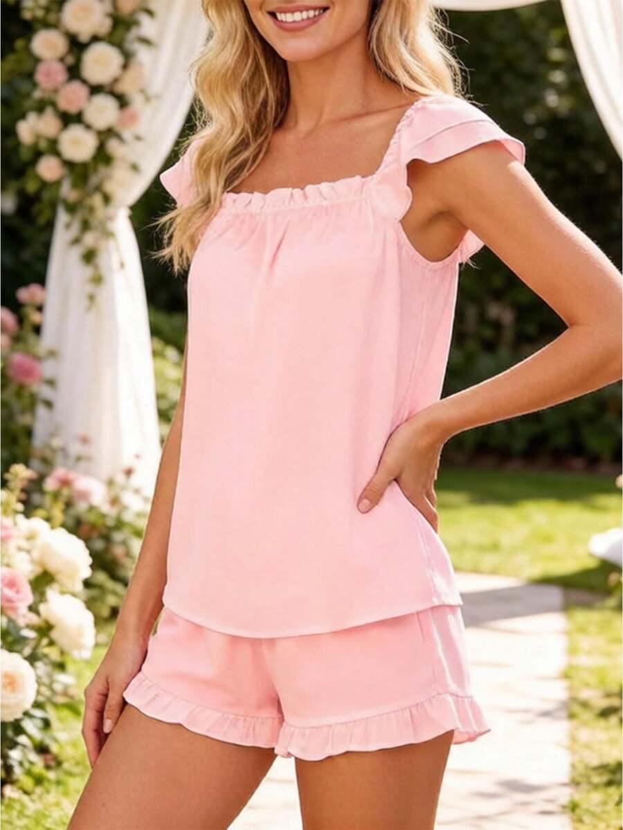 Women's Satin Ruffle Sleeve Two Piece Pajama Set - Square Neck Frill Hem Bridesmaid Loungewear Set - 粉色 - 查看 1