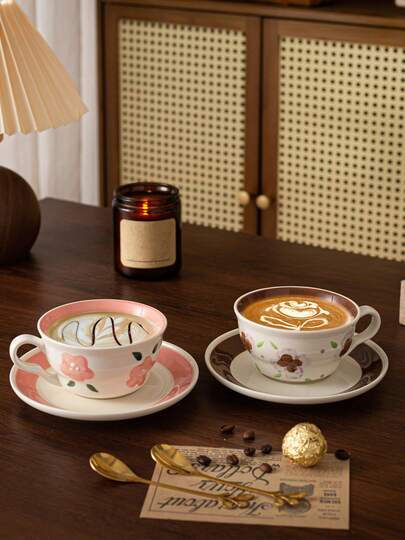 Bộ tách và đĩa cà phê gốm sứ cao cấp họa tiết hoa, thích hợp dùng tại nhà/quán cà phê/latte, quà tặng trà chiều.