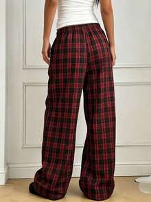 女士格子休闲高腰抽绳阔腿裤，宽松舒适睡裤，适合春、夏、秋季穿着，也可户外穿着。 - 紅色 - 查看 3