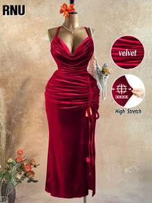 RNU 大码女士优雅丝绒面料深V领露背交叉设计腰部开衩抽绳连衣裙，百搭款式，适合派对、夜生活、生日、婚礼宾客、浪漫约会、度假等场合。 - 酒紅色 - 查看 1