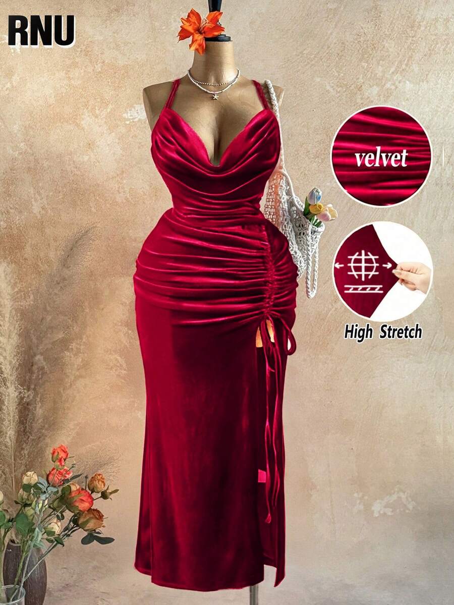 RNU 大码女士优雅丝绒面料深V领露背交叉设计腰部开衩抽绳连衣裙，百搭款式，适合派对、夜生活、生日、婚礼宾客、浪漫约会、度假等场合。 - 酒紅色 - 查看 1