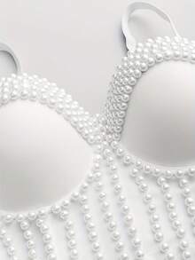 Handmade Pearl Camisole Strap Top, Fashionable & Youthful, Shaping, Solid Color, Gather & Lift, Retro, Sexy Clubwear Crop Top For Women Casual White Summer - White - View 6
