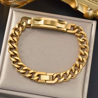 热门18K镀金不锈钢几何折叠扣手链，男士日常佩戴，送给儿子、朋友或男友的礼物