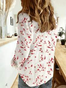 Women's Long Sleeve Printed Shirt, Front Button Design, Shirt Collar, Lightweight & Comfortable Regular Fit Vacation - Red - View 3