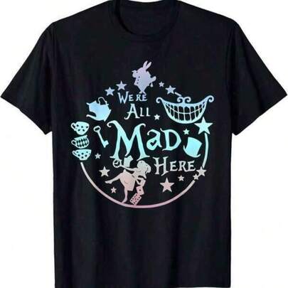 2026 Fashionable Easter T-Shirts For Women And Men, Women's Black T-Shirt With The "Mad Hare Tea Party" Design And The Quote "We're All Mad Here", Soft, Breathable Cotton, Everyday And Party Outfit, Machine Washable, Fan Clothing, Casual Clothing, Playful Design, Comfortable Fit, Plus Size Tops For Women With The Quote "", Quirky "Sy World Novel" Heavyweight T-Shirt For Adults, 2000s Style, Holiday Size 2-10 Years, S-XXXL, Clothing For Young Boys, Men's Clothing, Women's Tops, Perfect Gift For Easter And Mother's Day, Can Be Combined With Parent-Child Outfits.