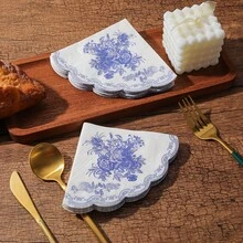 20/40/60pcs Blue & White Ceramic Patterned Napkins, 2-Ply Disposable Cocktail Party Napkins, Vintage Blue & White Ceramic Style Printed Tissue Napkins With Scalloped Edges, Suitable For Weddings, Bridal Showers And Afternoon Tea, Size: 13*13 Inches - Multicolor - View 5