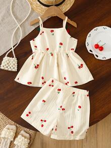 Girls' Soft Peach Cherry Print Outfit, Dangling Red Cherry Decor, Loose & Comfortable Fit, Sweet & Cute Style, Versatile Color, Suitable For Weekend Outings, Beach Vacation - Multicolor - View 11