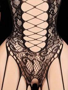 Valentine's Day Gift: Dress And Pant Set, Mesh Stockings, Perforated Design, Transparent Mesh Interwoven Fabric - màu đen - Xem 3