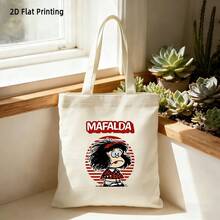 1 chiếc túi tote vải bố họa tiết hoạt hình Mafalda/màu đen + trang trí hình tròn đỏ cổ điển + dung tích lớn, có thể gấp gọn + phong cách retro Mỹ, phù hợp cho đi làm hàng ngày, mua sắm, đi học, dạo chơi. - trắng - Xem 1