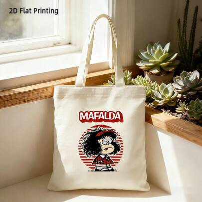 1pc Mafalda Cartoon Pattern/Black + Vintage Red Circle Decor + Large Capacity Foldable + American Retro Style + Canvas Tote Bag, Suitable For Daily Commute, Shopping, Campus, Leisure