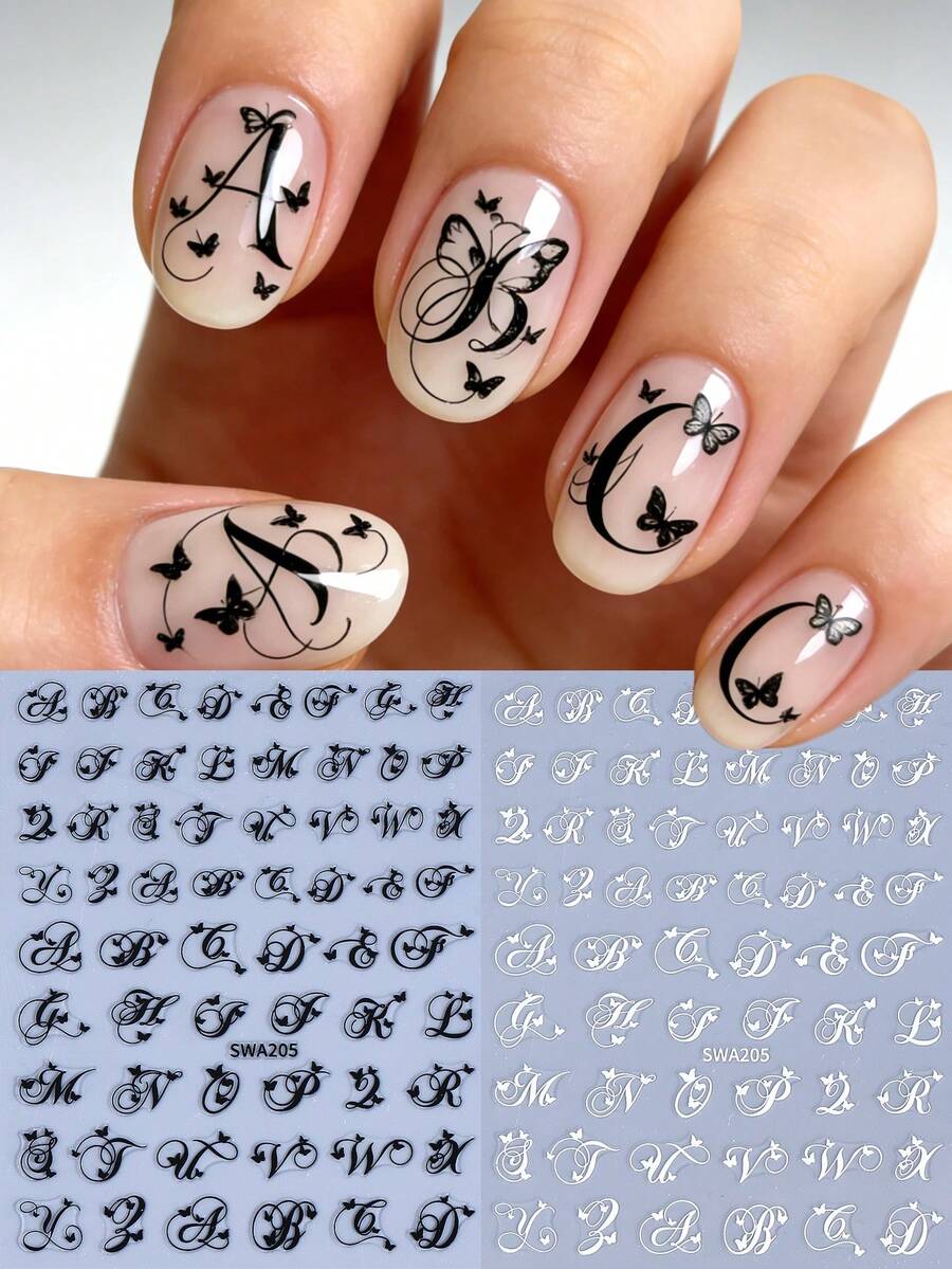 3D立体字母美甲贴纸 2片装 黑白哥特式英文单词 ABC字母条纹蝴蝶美甲设计 DIY Y2K复古浪漫自粘凝胶指甲油贴纸 滑动式美甲装饰 美甲用品 女士和女孩 - 黑與白 - 查看 1