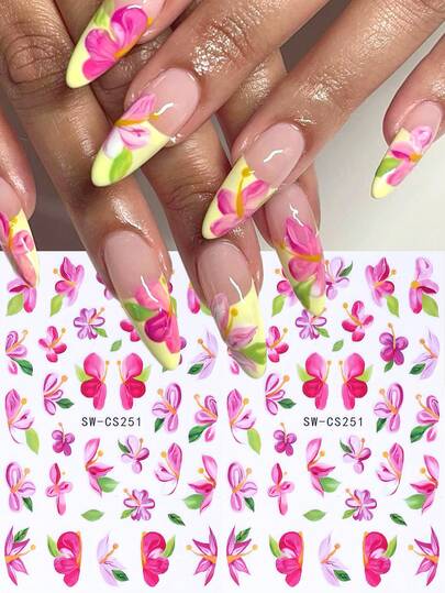3D芙蓉花美甲贴纸 2片装 热带花卉渐变粉色花瓣绿色叶子 春夏花卉印花设计 DIY Y2K 自粘凝胶指甲油贴纸 滑动式美甲装饰 美甲用品