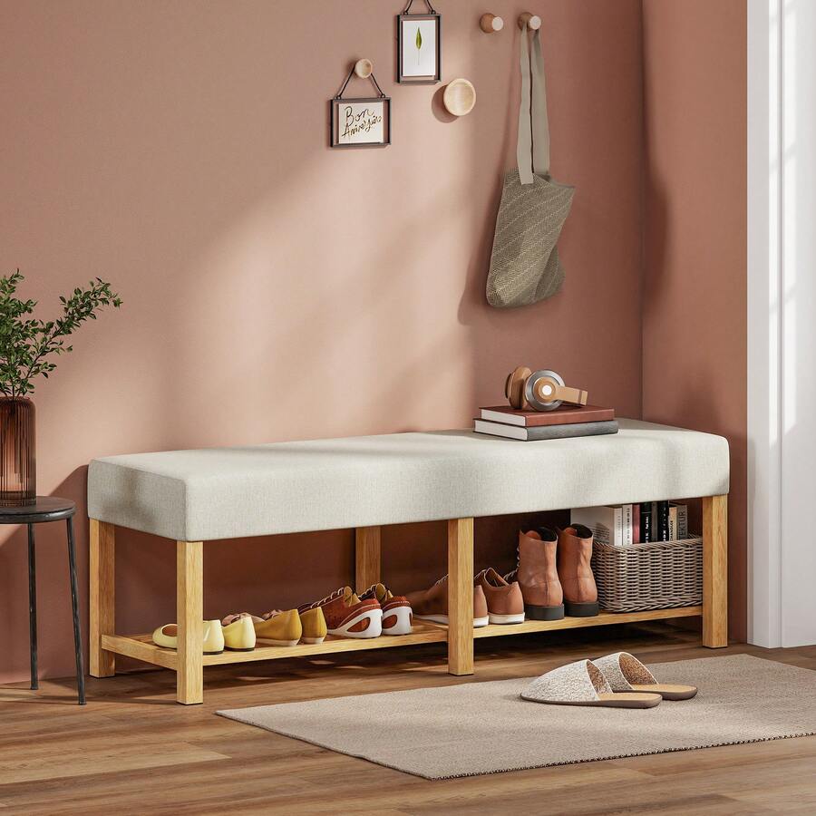 HOMCOM Shoe Changing Stool - Crème et bois naturel - Voir 1