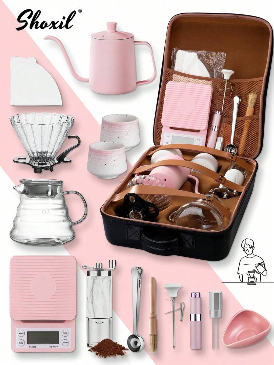 shoxil 3/8/10/14/15pcs Pink & Coffee Color Set With Black Storage Box, Hand Drip Coffee Set, Drip Coffee Set, 2-4 Cups, Suitable For Home Gathering, Holiday Gift, Coffee Set, Coffee Accessories, Applicable To Living Room, Office, Bedroom,Outdoors, Camping, Picnic - Coffee Set - View 1