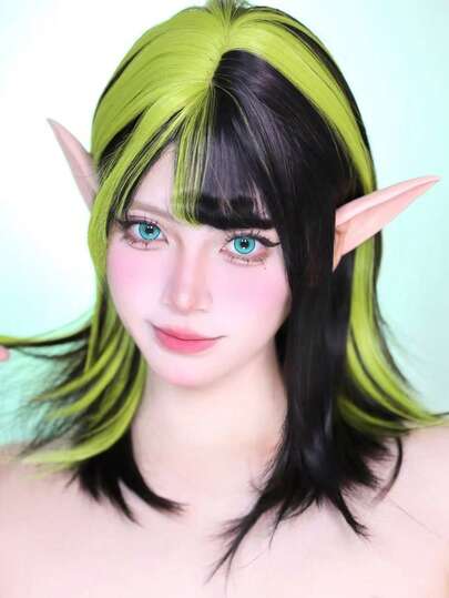 1 schwarze und grüne gerade synthetische Perücke (mit Pony) - perfekt für den täglichen Gebrauch von Frauen, Cosplay, Partys und besondere Anlässe; eine ideale Wahl für den täglichen Gebrauch, Feierlichkeiten und als Geschenk für Frauen