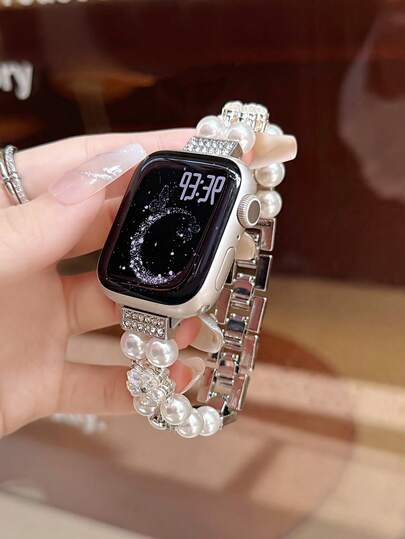 1pc Women's Pearl Watch Band Compatible With Apple Watch Band, Pearl Zirconia Sports Wristband, Fashionable Band For Apple Watch Ultra/SE/11/10/9/8/7/6/5/4/3/2/1, 45/49/38/40/41/42/44/46mm