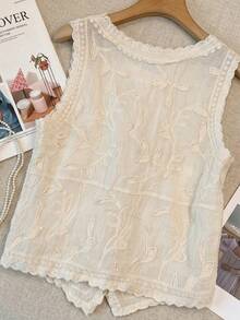 JIANHU 女士优雅波西米亚风刺绣蕾丝V领无袖背心，适合宗教节日、度假，打造时尚叠穿休闲造型 - 杏色 - 查看 3