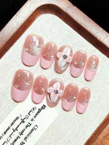 按压式假指甲，手工制作，可佩戴，短椭圆形指甲款式，法式粉色渐变冰花猫眼，银色细闪，粉色法式镶边，手工3D白色雕刻，透明圆珠，闪亮钻石，温柔甜美风格，精致梦幻，可重复使用 - 粉色 - 查看 3