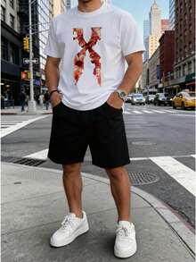 Conjunto para hombre estilo streetwear con estampado abstracto de letra símbolo tela cómoda ajuste holgado cuello redondo manga corta verano uso diario casual set de camiseta y short - Blanco 2 - Ver 2