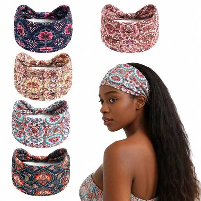 1件复古休闲女士佩斯利花纹宽发带，波西米亚非洲几何印花头巾，舒适休闲，适合度假、海滩、音乐节等场合佩戴