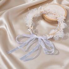 1 chiếc băng đô cài tóc cô dâu bằng lụa chiffon thủ công, phụ kiện tóc cưới - Vàng - Xem 5