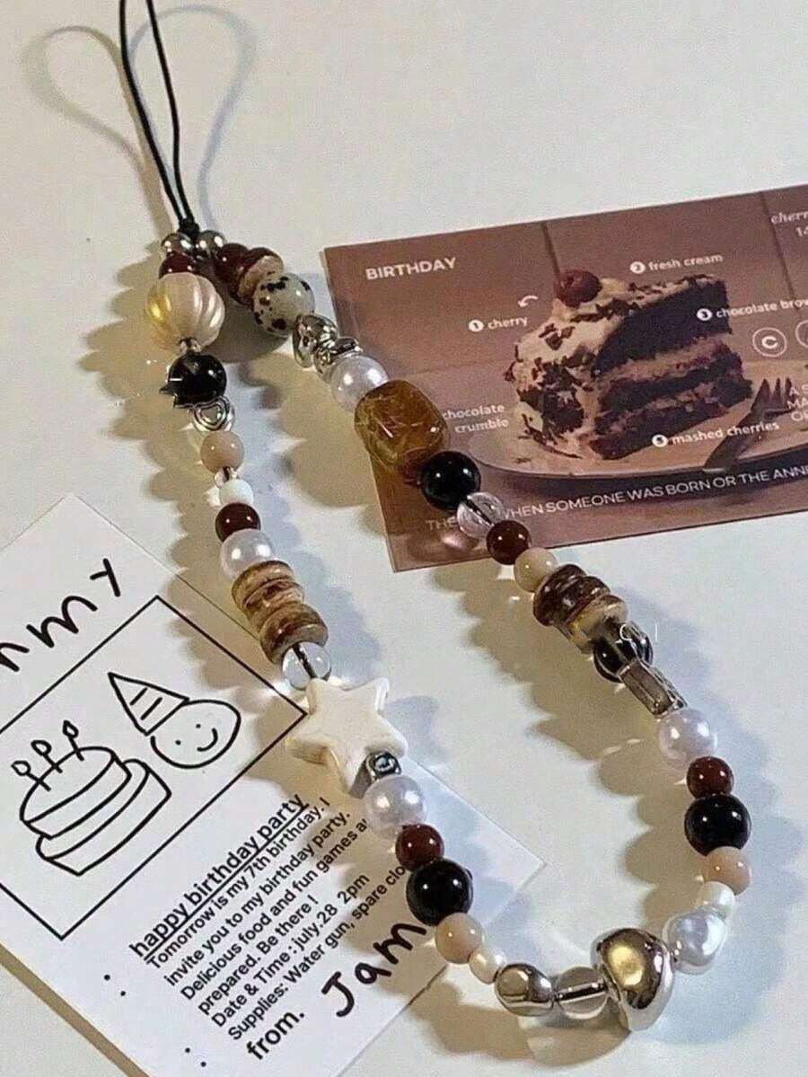 1pc Retro Brown Leopard Cat Beaded Phone Lanyard, Short Wrist Strap Charm, Camera Hanging Accessory For Women - 咖啡棕 - 查看 1
