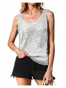 Sequin Tops For Women Sleeveless Scoop Neck Sparkle Shimmer Tanks Tops Sexy Party Base Tank Top Fashion Shimmer Cami - 銀色 - 查看 5