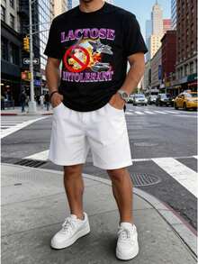 Conjunto para hombre estilo streetwear casual con estampado gráfico divertido de letras y caricatura algodón cómodo ajuste holgado cuello redondo manga corta primavera verano uso diario set de playera y shorts - Negro 1 - Ver 2