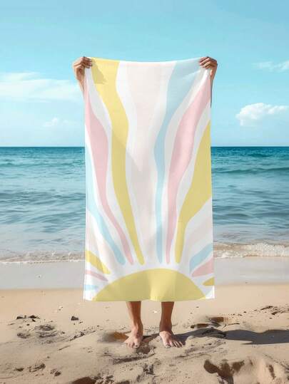 1条日落图案沙滩巾，采用超柔软针织面料，卡通主题现代风格，长方形速干毛巾，适合游泳和旅行，男女皆宜，非常适合海滩、泳池、瑜伽、露营等场合。