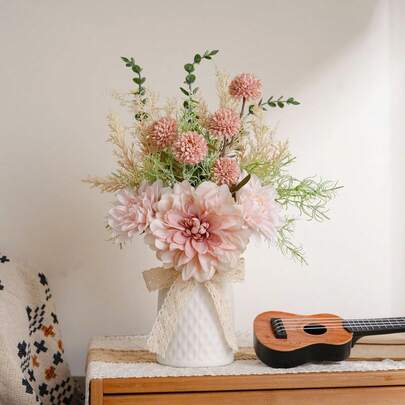 Bó hoa thược dược giả, hoa lụa giả với cúc pom pom và lá bạch đàn, lẵng hoa giả sống động như thật để trang trí nhà cửa, làm vật trang trí bàn, phòng khách, phòng ngủ, đám cưới.