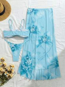 Conjunto de biquíni feminino de 3 peças com estampa floral, elegante e sexy, com costas abertas e saia com amarração em 3D com flores. Ideal para praia, resorts e férias de primavera/verão. - Baby Azul - Ver 3