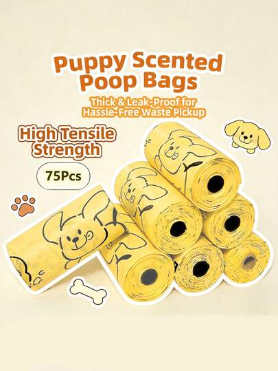 75pcs/5rolls Happy Puppy Poop Bags, Pet Waste Bags, Thick Leak-Proof Odor-Proof Dog Poop Bags, Outdoor Dog Walking Supplies, Cat & Dog Waste Cleanup Bags