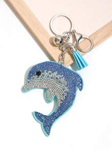 1pc Rhinestone Dolphin Tassel Keychain, Geometric Pattern Boho Zinc Alloy Keyring, Suitable For All Seasons - Light Blue - View 2