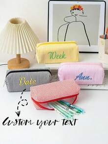 Customizable Pencil Pouch: Introducing Our Brand-New, Large-Capacity Striped Pencil Case And Organizer For Students. Personalize It With Custom Text-Whether It'S A Name, Zodiac Sign, Anniversary Date, Or Other Special Details. This Simple, Stylish, And Multifunctional Pouch Is Perfect For School, Daily Office Work, Outdoor Sketching, And More-An Absolute Must-Have For The Back-To-School Season - Multicolor - View 4