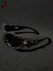 1pc Heart & Cross Rhinestone Embedded Futuristic Punk European And American Party Hip-Hop Fashion Glasses, New Irregular Shape Drip Glue Fashion Glasses, Personalized Street Dark Cyberpunk Fashion Glasses, Large Irregular Frame European And American Dark Street Fashion Personalized Fashion Glasses, UV Protection Holiday Party Drip Glue Goggles, Street Fashion Handmade Drip Glue Spiky Punk Cool Fashion Glasses - Multicolor - View 7