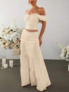 女士优雅性感露肩荷叶边系带上衣，适合夏季海滩、休闲约会、夜店、音乐会、舞会、音乐节等场合穿着。 - 米色 - 查看 5